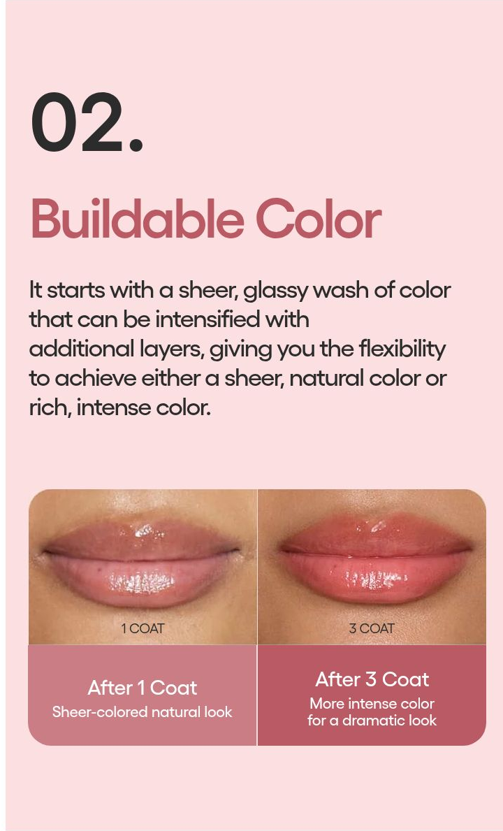 LANEIGE Glaze Craze Tinted Lip Serum point 2 buildable color, one coat compared with three coats