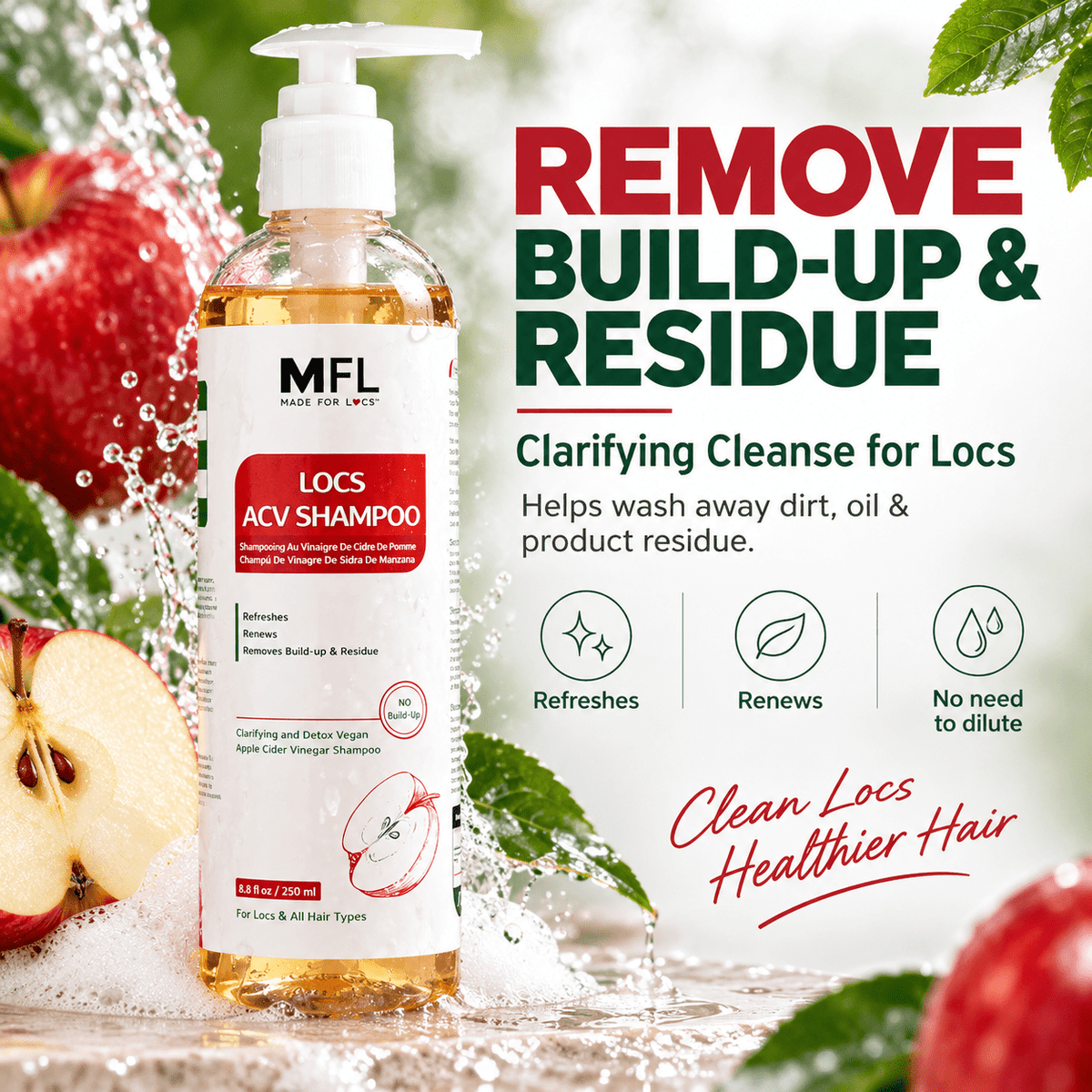 Made For Locs ACV Shampoo build-up and residue removal infographic
