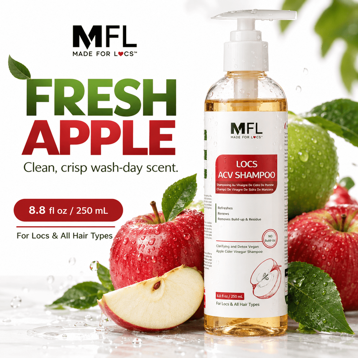 Made For Locs ACV Shampoo fresh apple scent 8.8 fl oz infographic