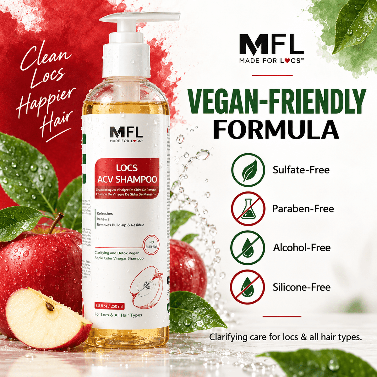 Made For Locs ACV Shampoo vegan sulfate-free paraben-free alcohol-free silicone-free infographic