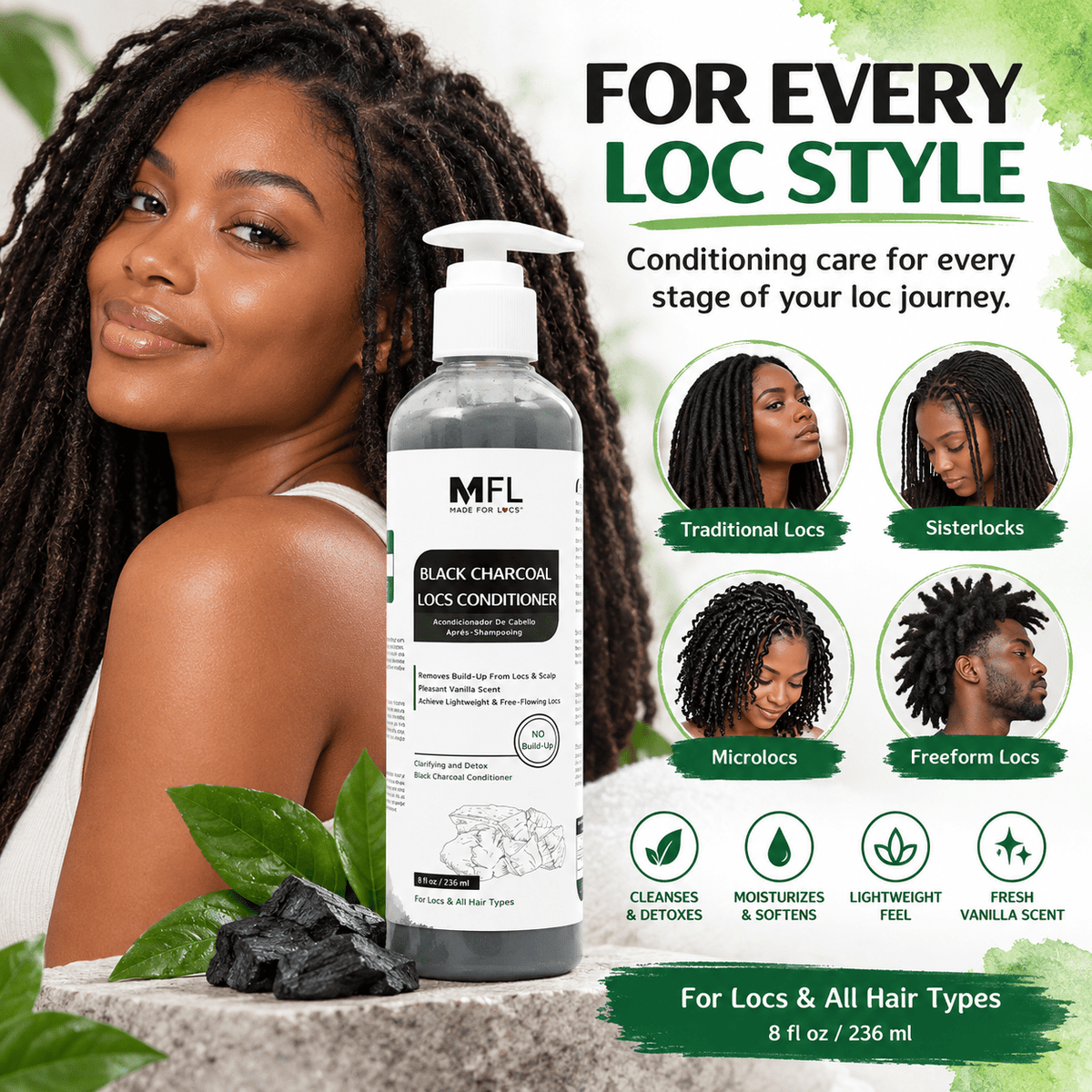 Made For Locs Black Charcoal Conditioner for traditional locs Sisterlocks microlocs and freeform locs