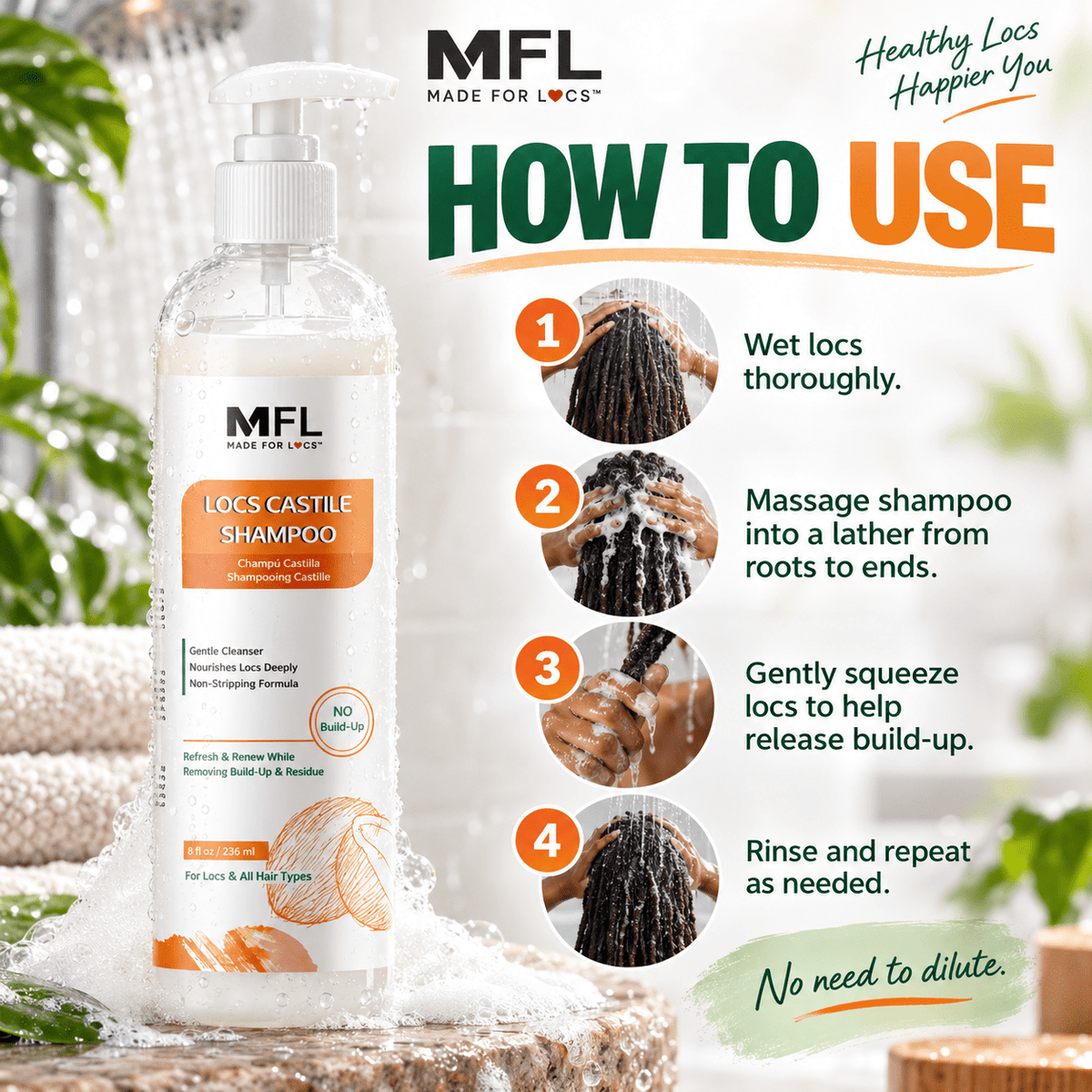 Made For Locs Castile Shampoo how to use infographic