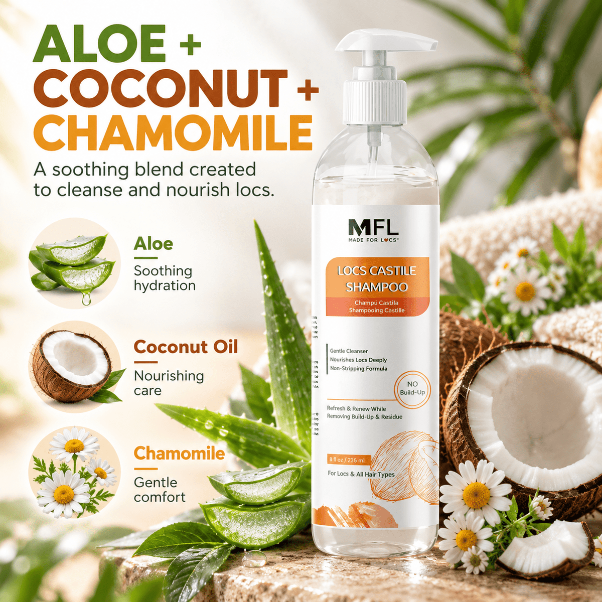 Made For Locs Castile Shampoo aloe coconut chamomile ingredients infographic