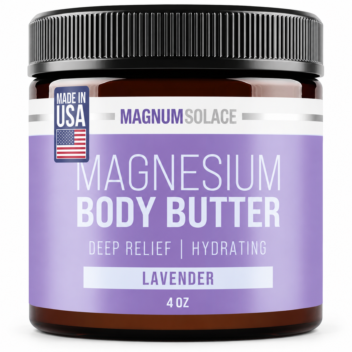 Magnum Solace Magnesium Body Butter Lavender 4 oz on white background