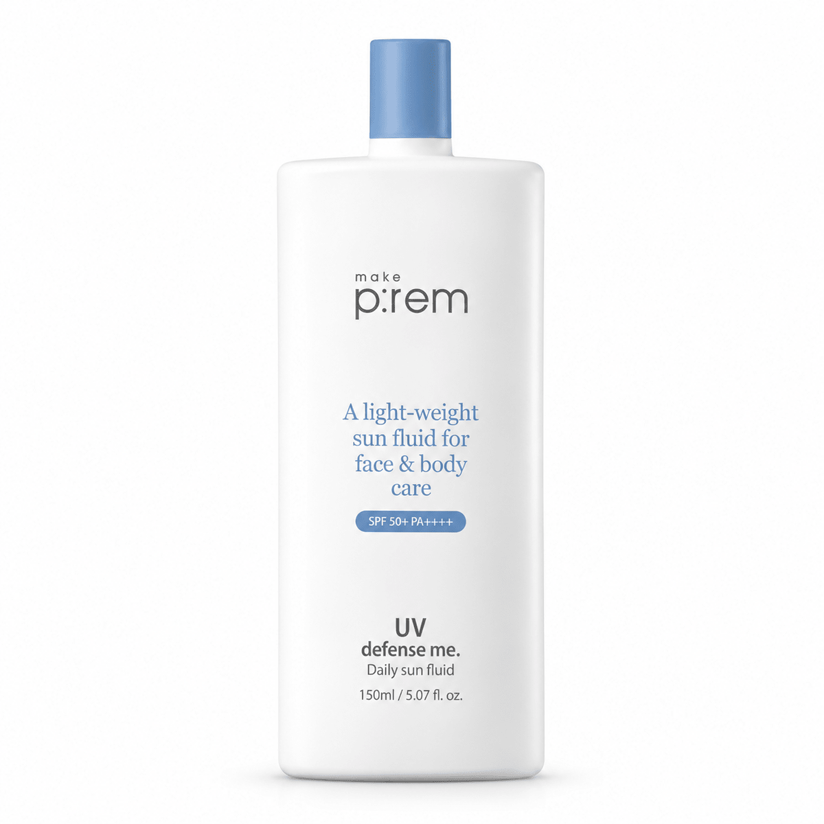 make p:rem UV Defense Me Daily Sun Fluid 150mL β authentic product packaging on a white background