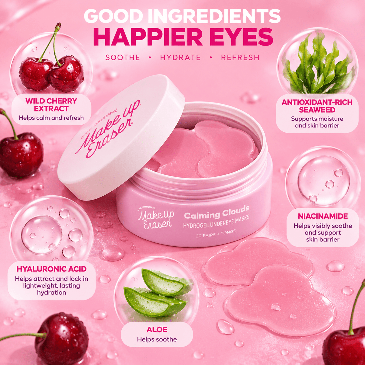 MakeUp Eraser Calming Clouds key ingredients cherry seaweed hyaluronic acid aloe niacinamide