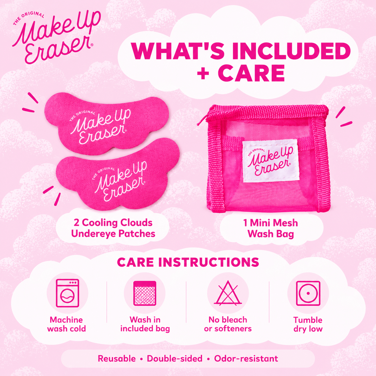 MakeUp Eraser Cooling Clouds included patches wash bag and care instructions