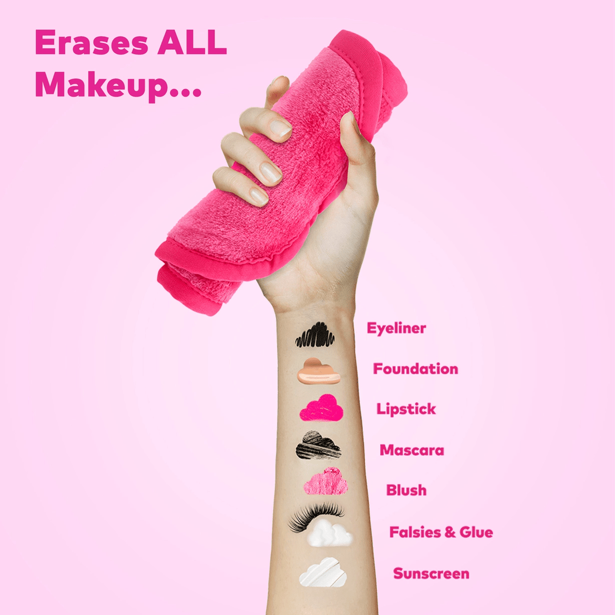 MakeUp Eraser PRO removes eyeliner foundation lipstick mascara blush lash glue and sunscreen
