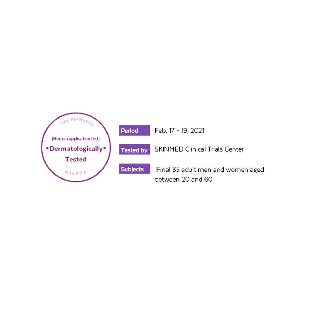 MISSHA Time Revolution Night Repair Ampoule 5X: Dermatological application test and study details