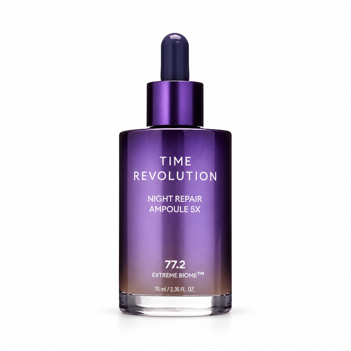 MISSHA Time Revolution Night Repair Ampoule 5X 70mL purple dropper bottle on white