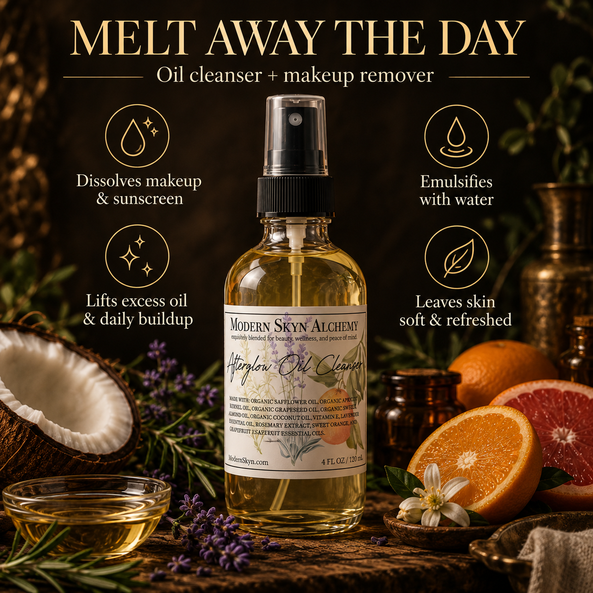Modern Skyn Alchemy Afterglow Cleansing Oil makeup removal benefits infographic