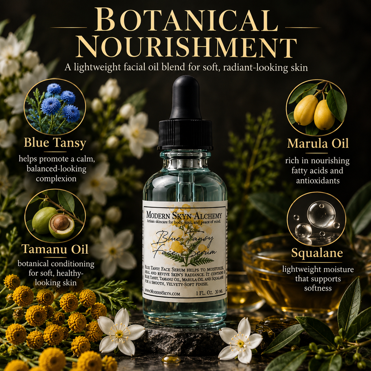 Modern Skyn Alchemy Blue Tansy Face Serum botanical nourishment infographic