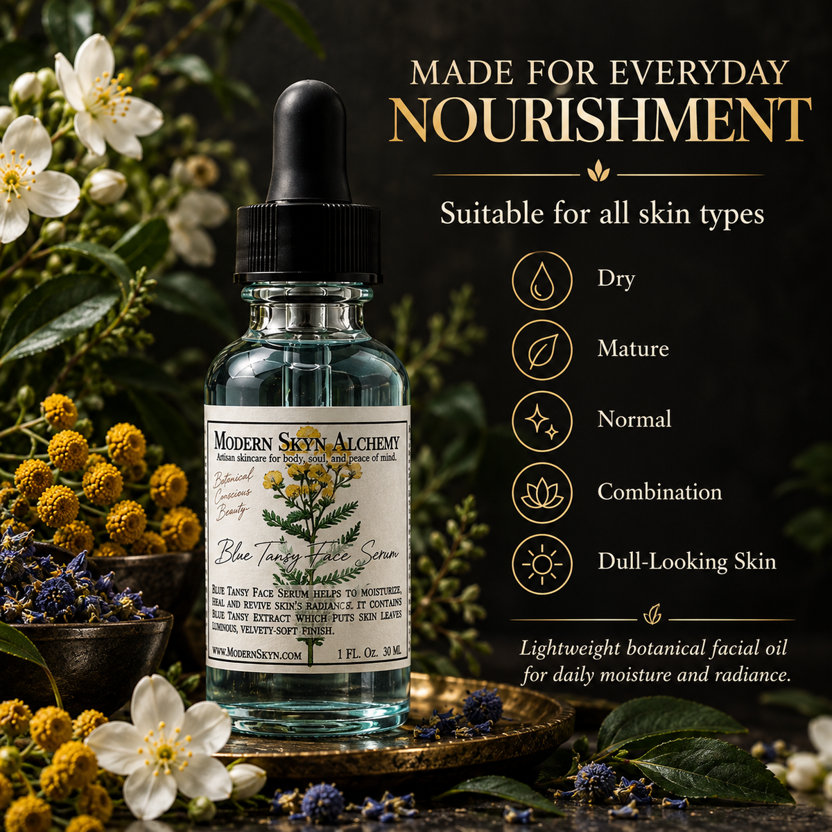 Modern Skyn Alchemy Blue Tansy Face Serum suitable skin types infographic