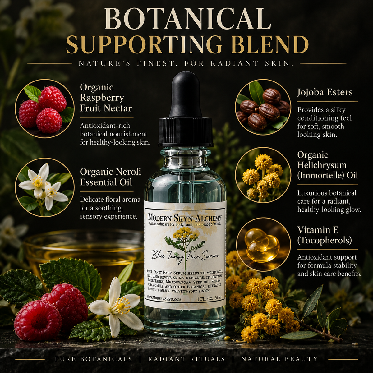 Modern Skyn Alchemy Blue Tansy Face Serum supporting botanicals infographic