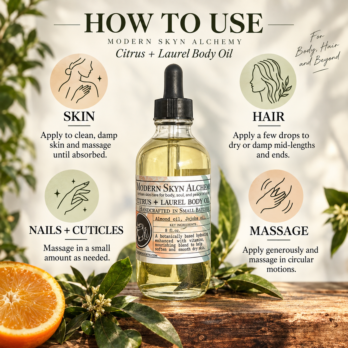 How to use Modern Skyn Alchemy Citrus + Laurel Body Oil
