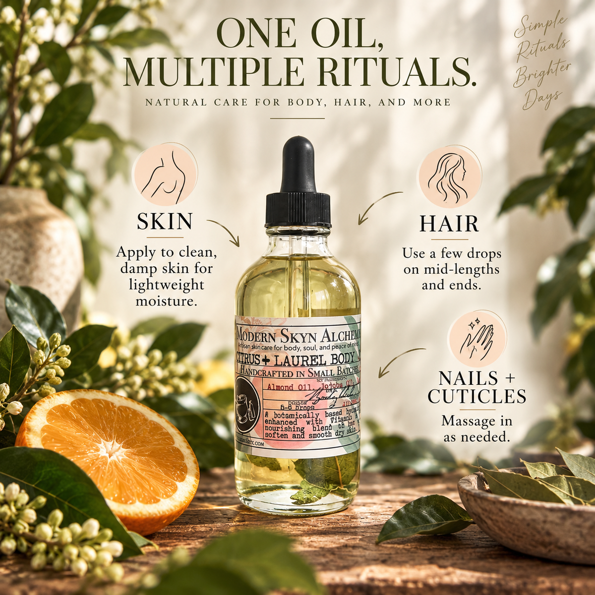 Citrus + Laurel Body Oil uses for skin hair and nails