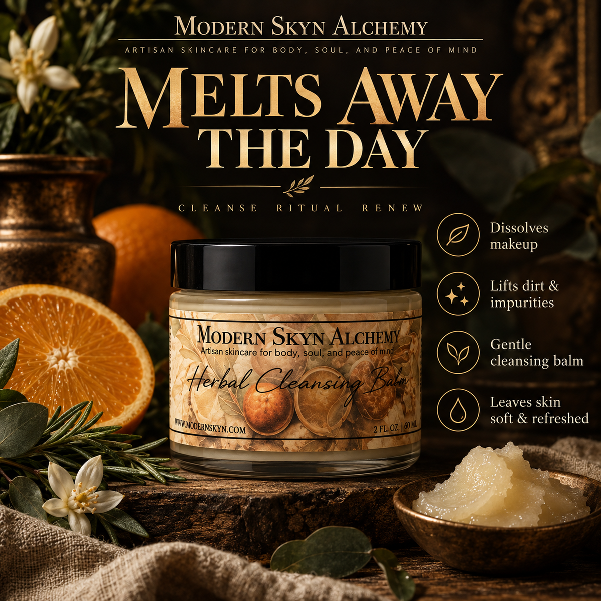 Modern Skyn Alchemy Herbal Cleansing Balm makeup removal benefits infographic