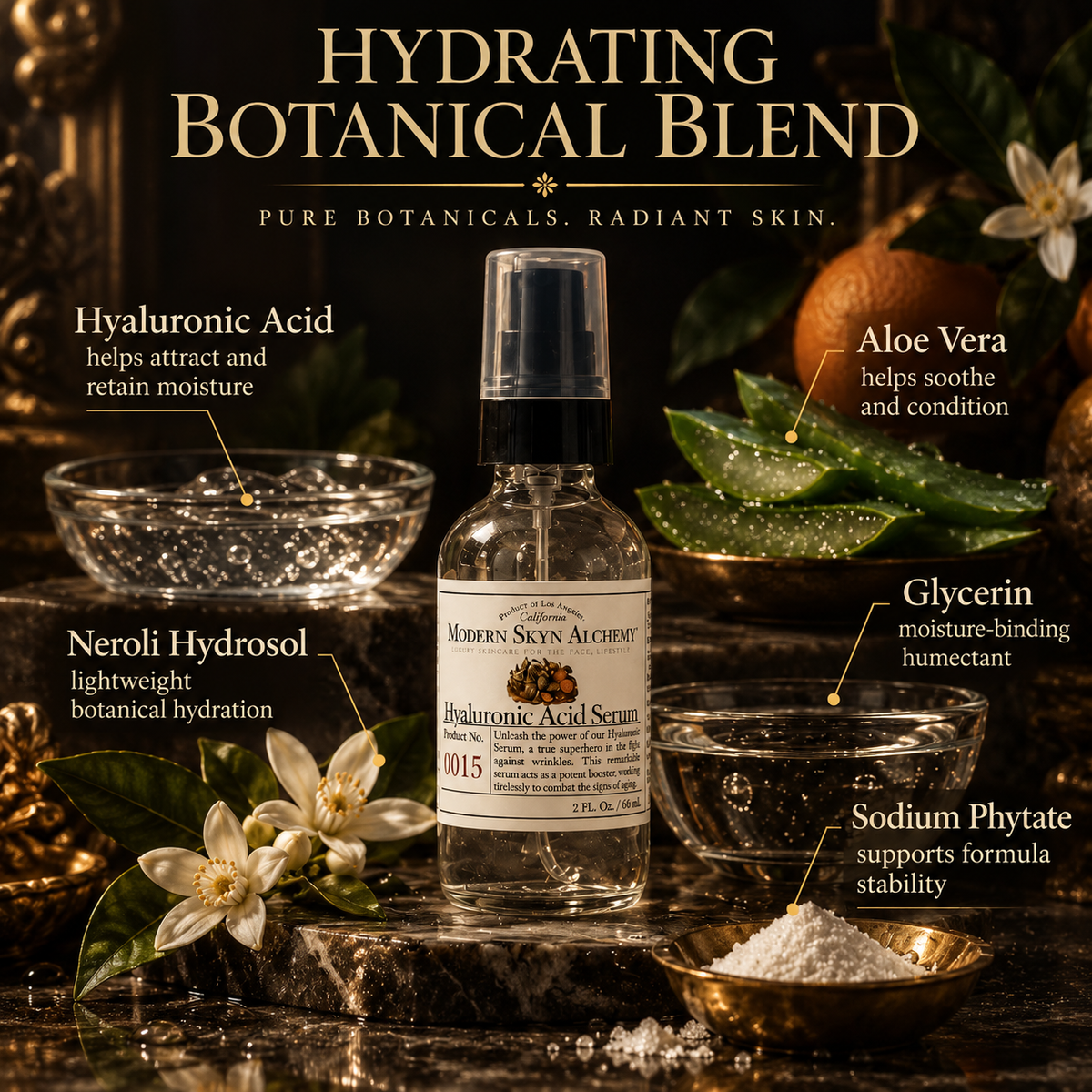 Modern Skyn Alchemy Hyaluronic Acid Serum key ingredients infographic