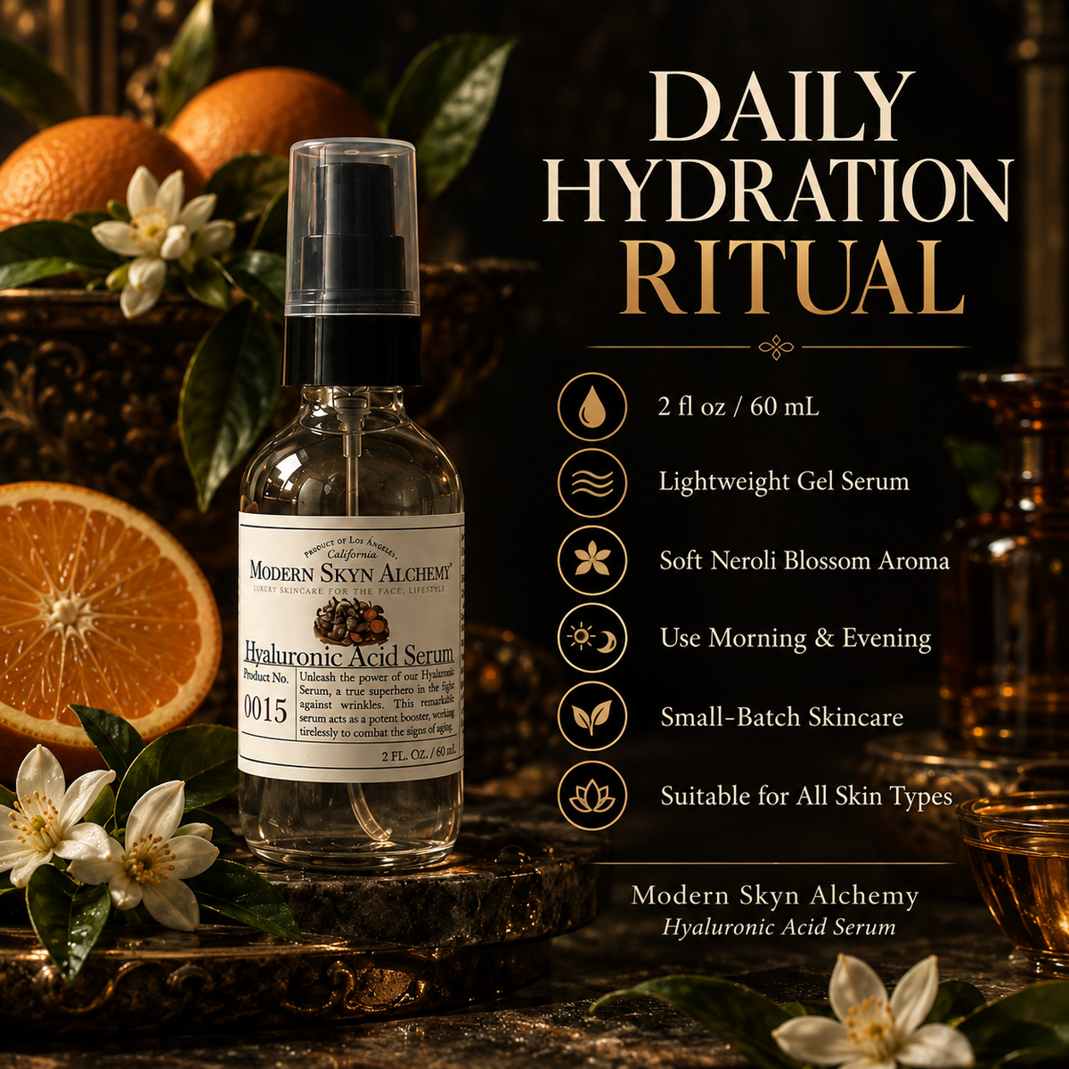 Modern Skyn Alchemy Hyaluronic Acid Serum product details infographic