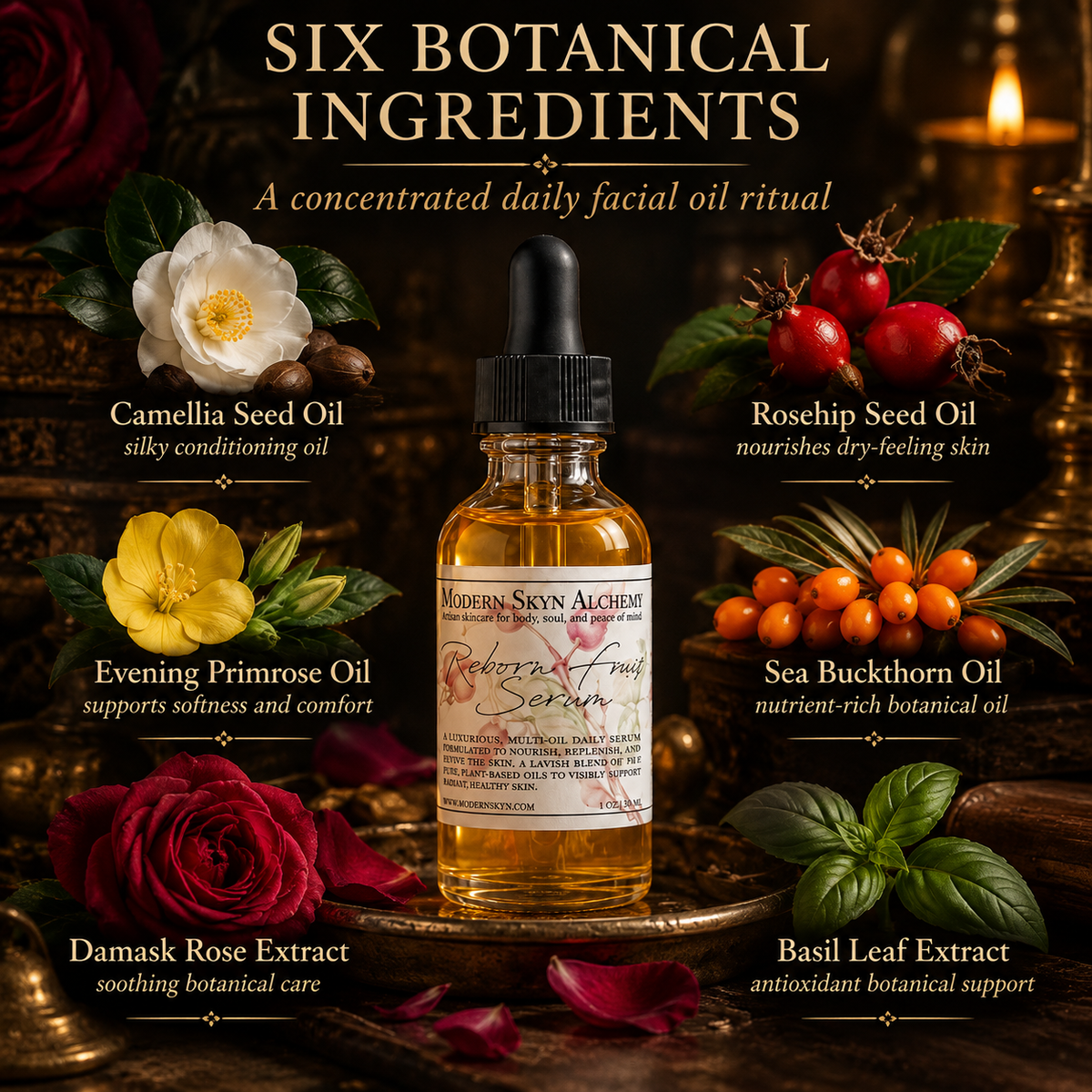 Modern Skyn Alchemy Reborn Fruit Serum six botanical ingredients infographic