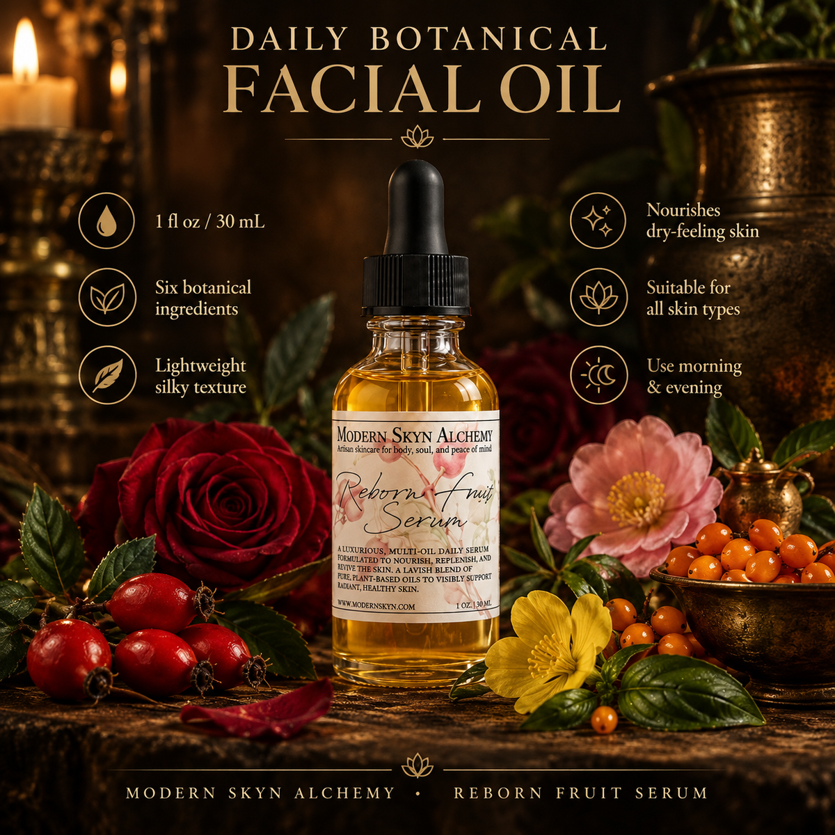 Modern Skyn Alchemy Reborn Fruit Serum product details infographic