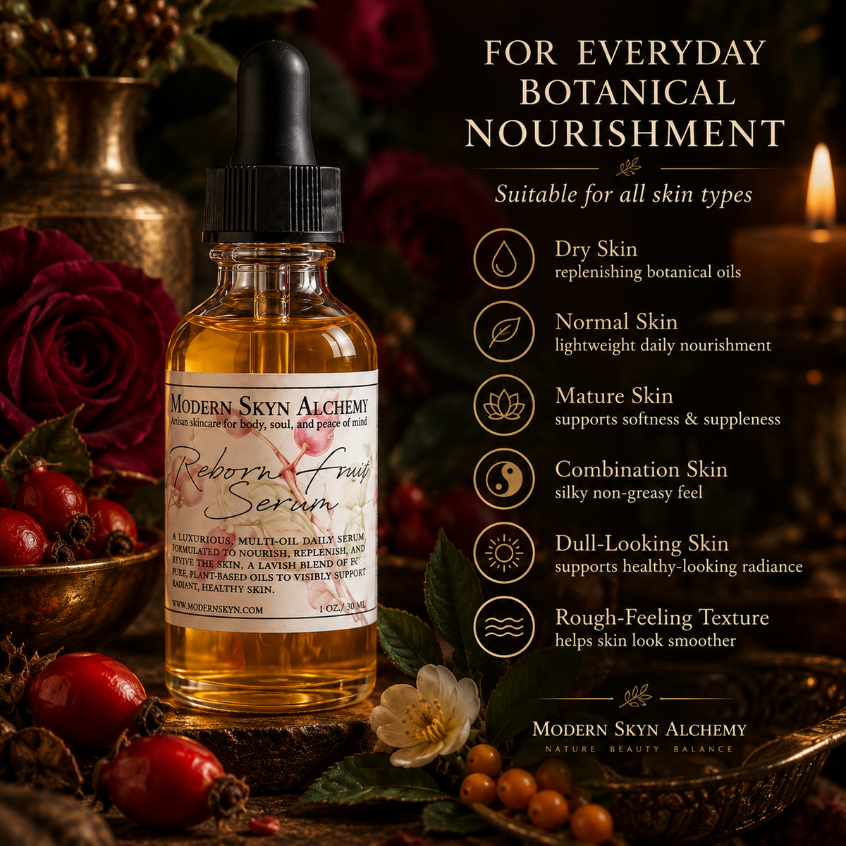 Modern Skyn Alchemy Reborn Fruit Serum skin types infographic