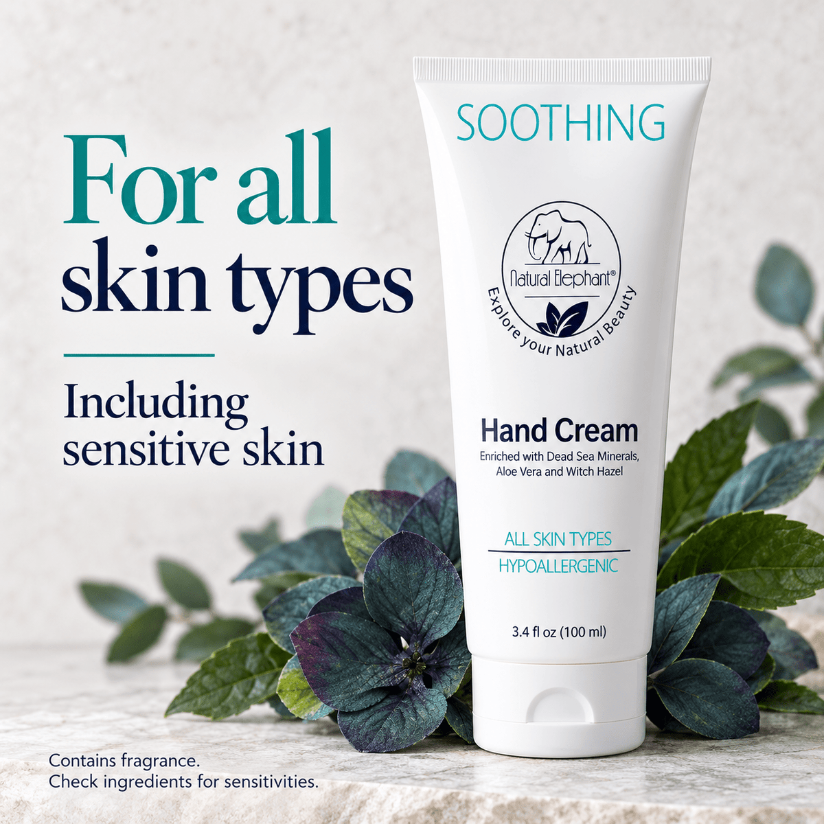 Hand cream suitable for all skin types including sensitive skin; contains fragrance