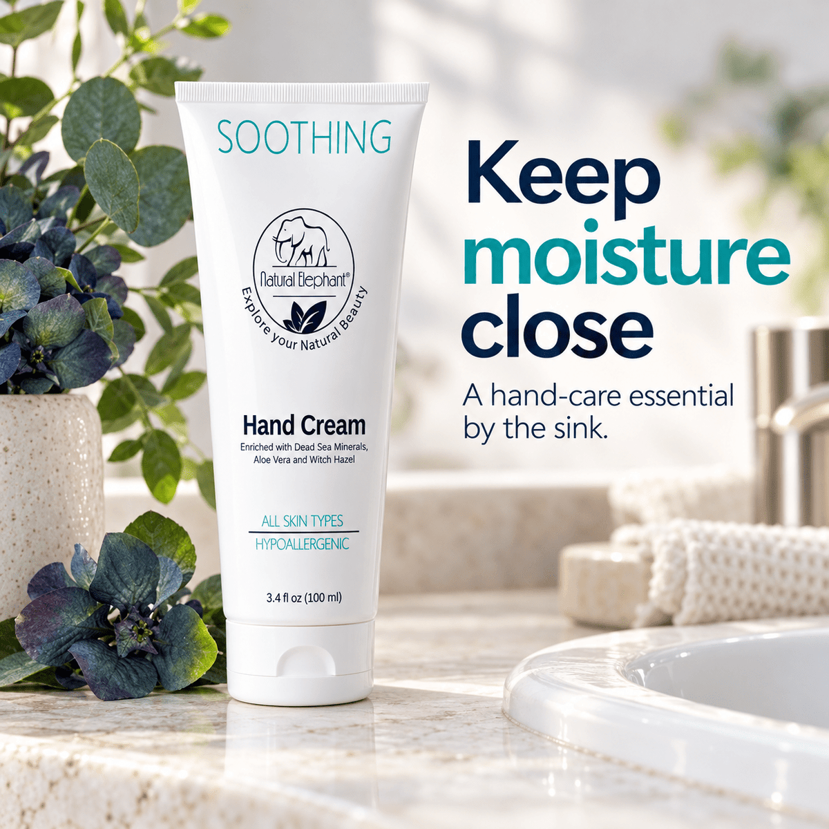 Natural Elephant hand cream beside a bathroom sink