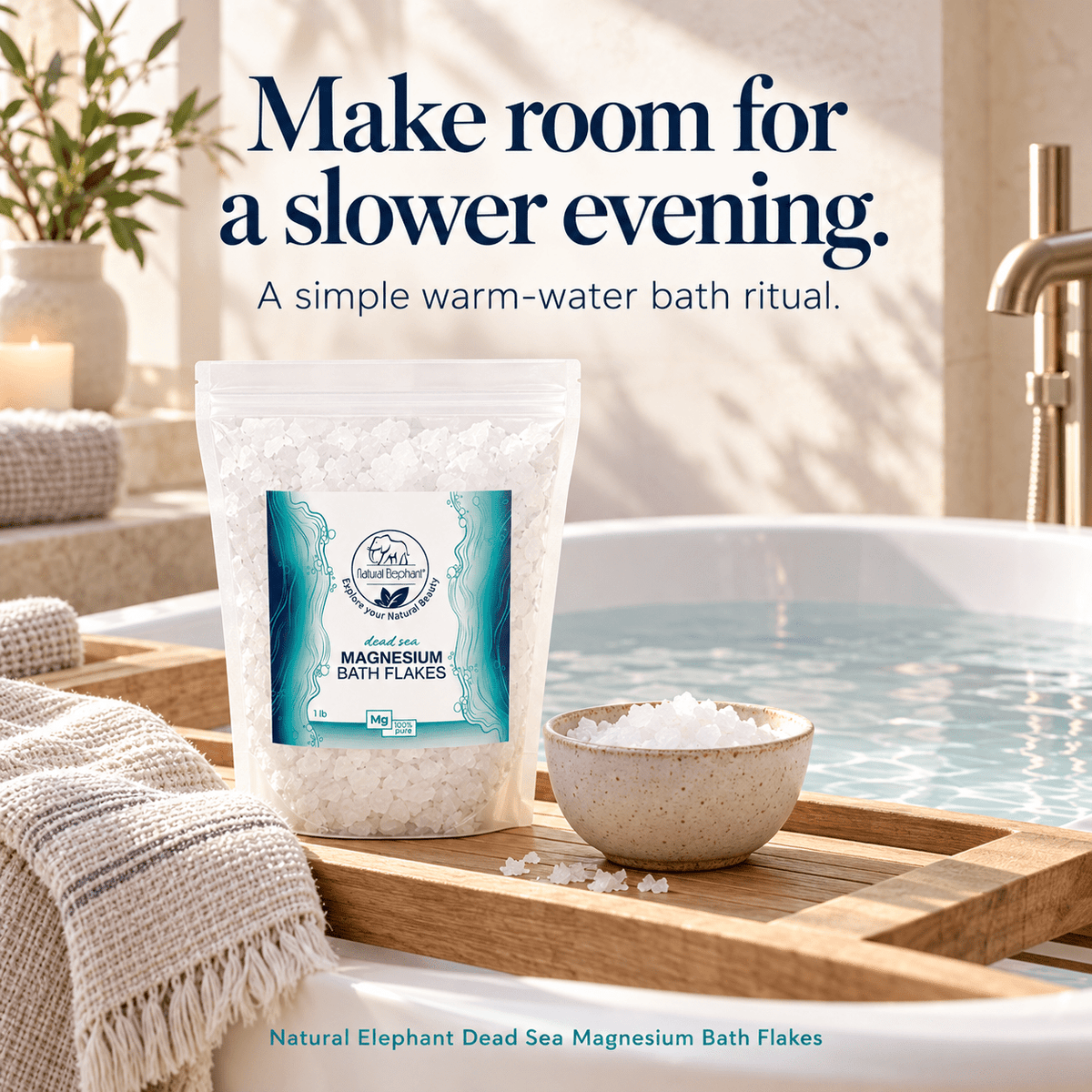 Natural Elephant magnesium flakes for a relaxing warm-water bath ritual