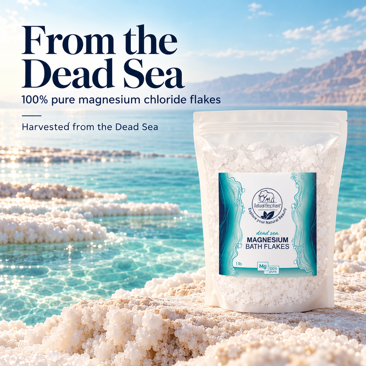 Natural Elephant magnesium chloride flakes harvested from the Dead Sea