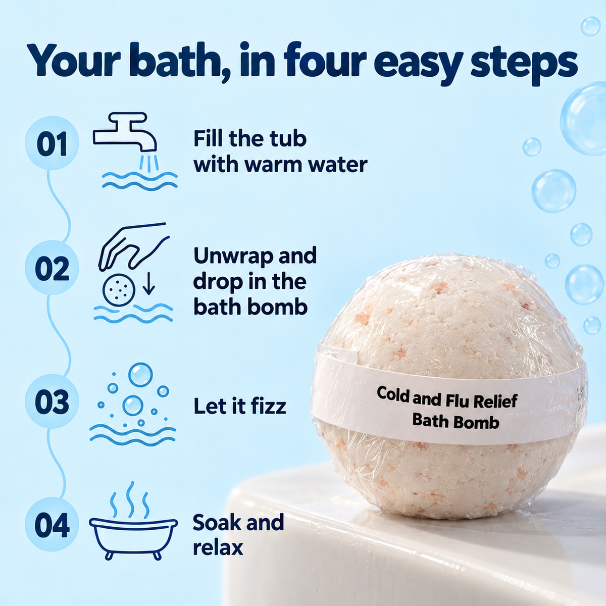 How to use: warm water, unwrap, drop in, let fizz and soak