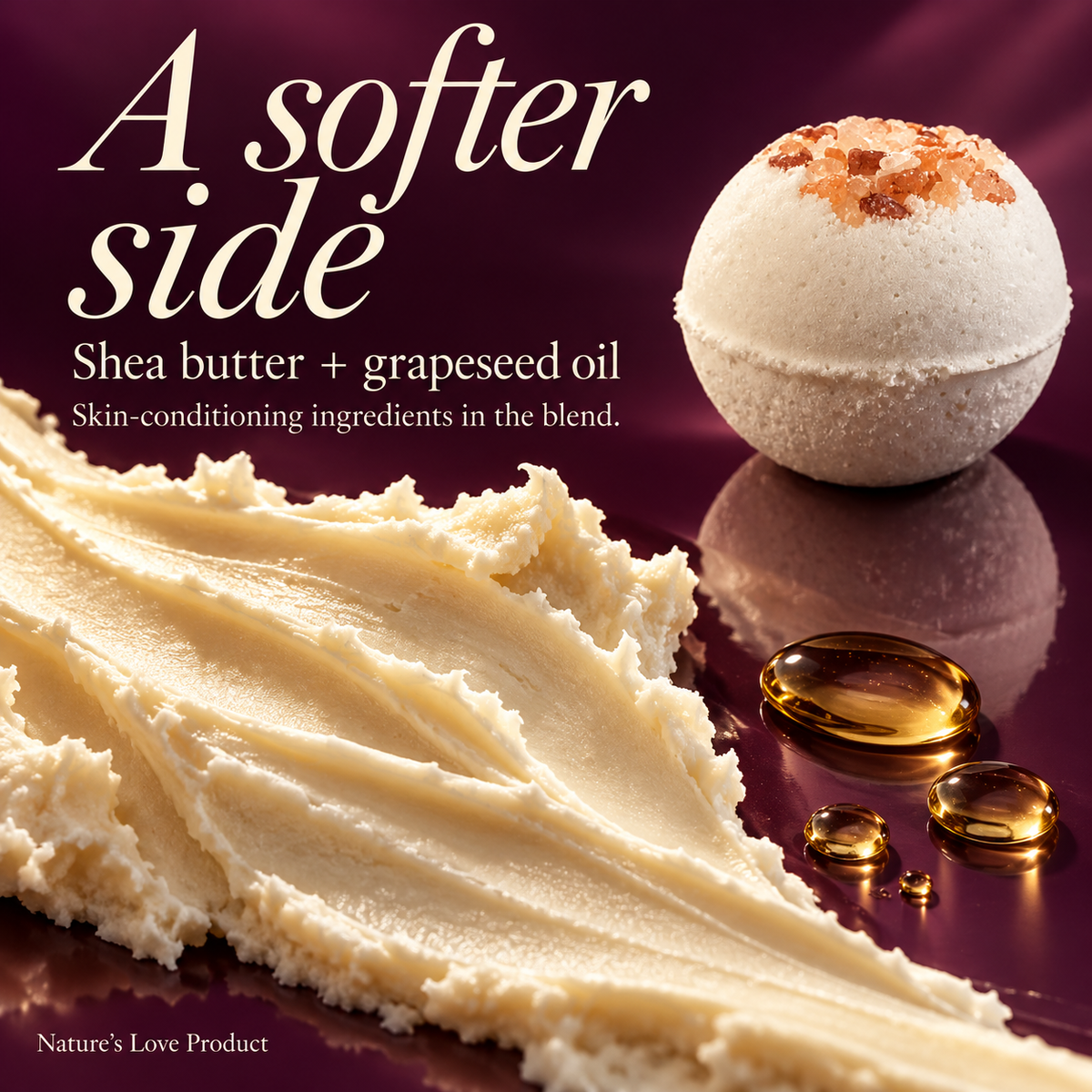 Shea butter and grapeseed oil ingredient editorial in plum and ivory