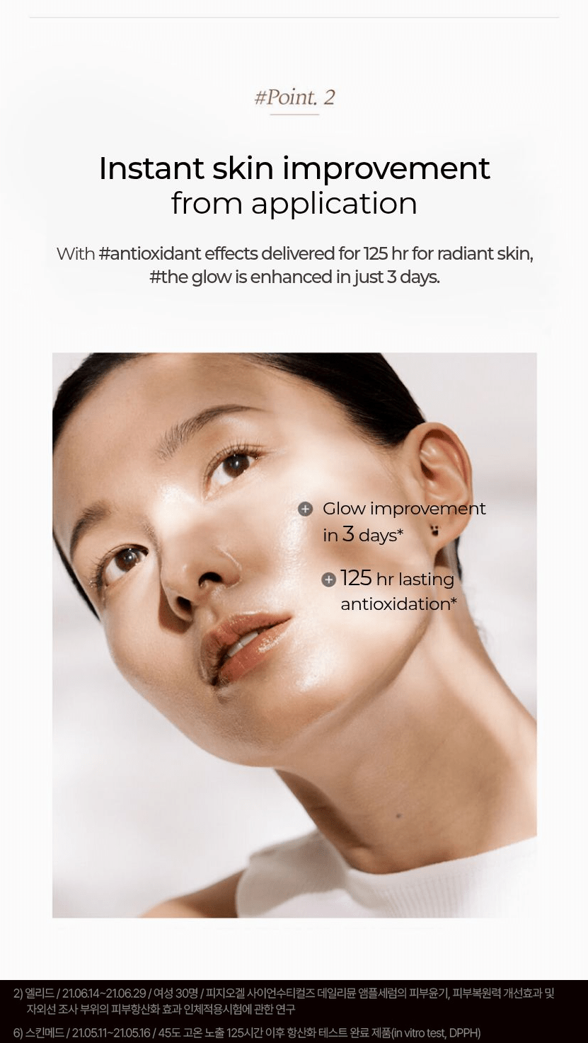 PHYSIOGEL Dailimune Ampoule 20ml - Point 2 glow and antioxidant results, with original study qualifications: glow study of 30 women; 125-hour result is an in vitro DPPH test after 45-degree heat exposure, not duration on skin