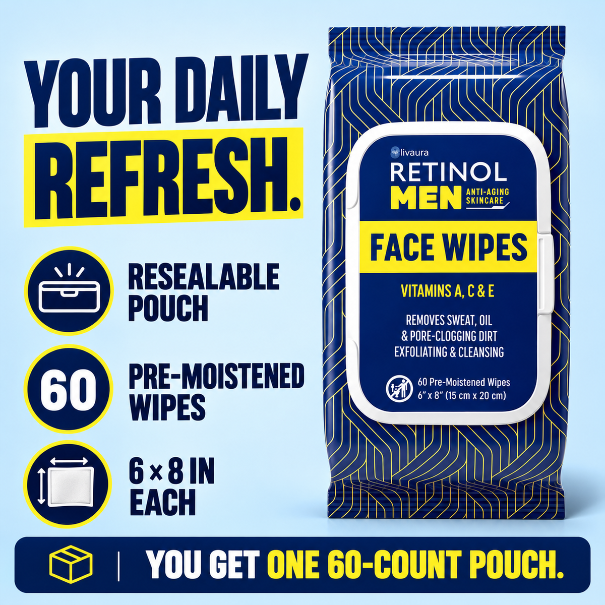 Livaura Retinol Men Face Wipes one 60-count resealable pouch contents