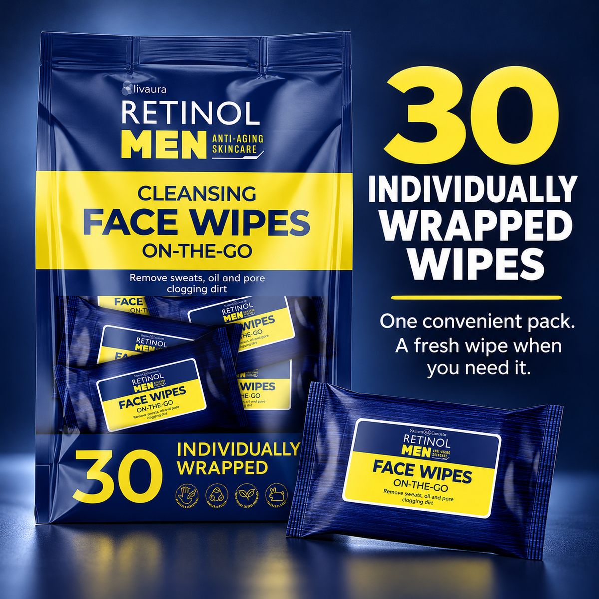 One pack of 30 individually wrapped Retinol Men wipes