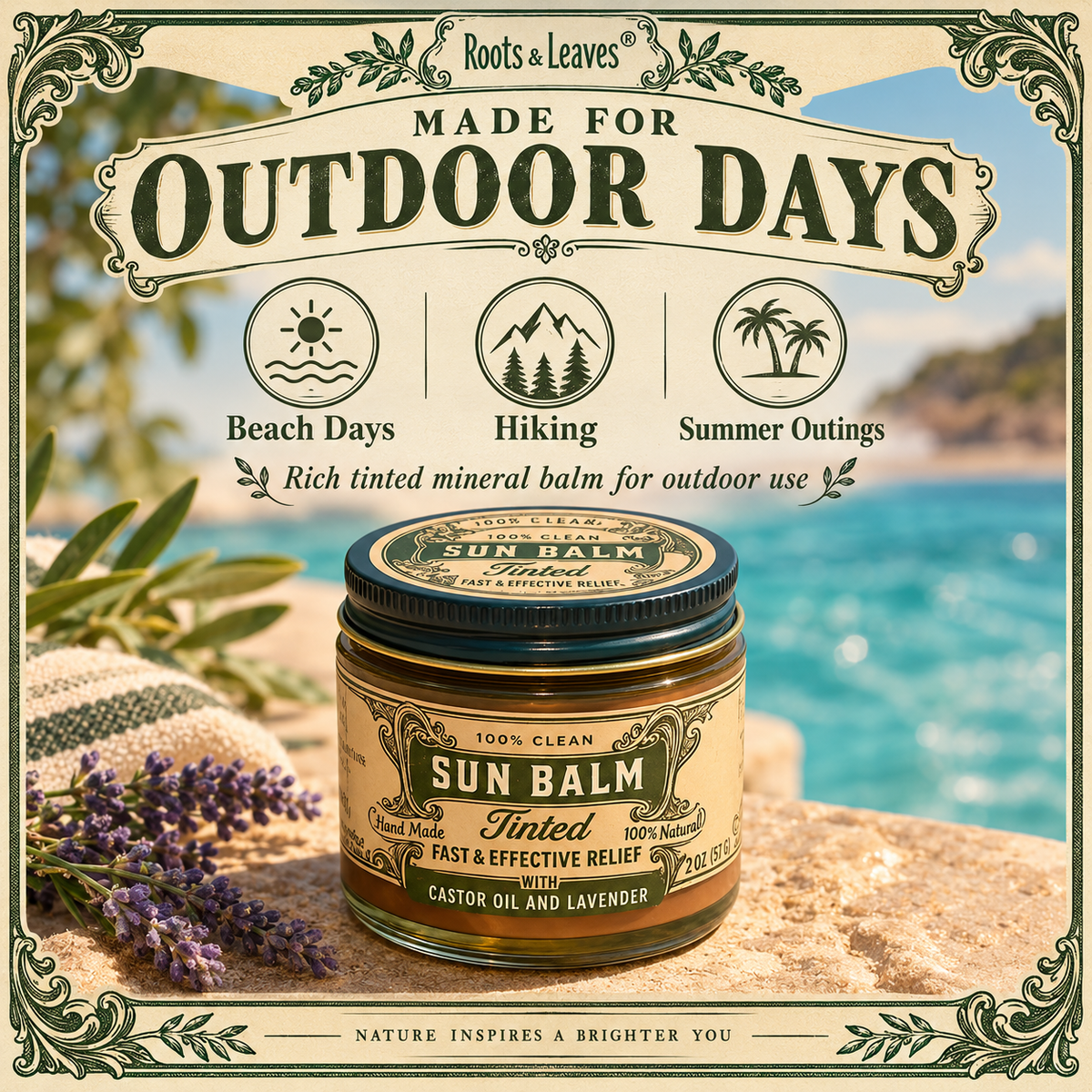 Roots & Leaves Sun Balm outdoor use