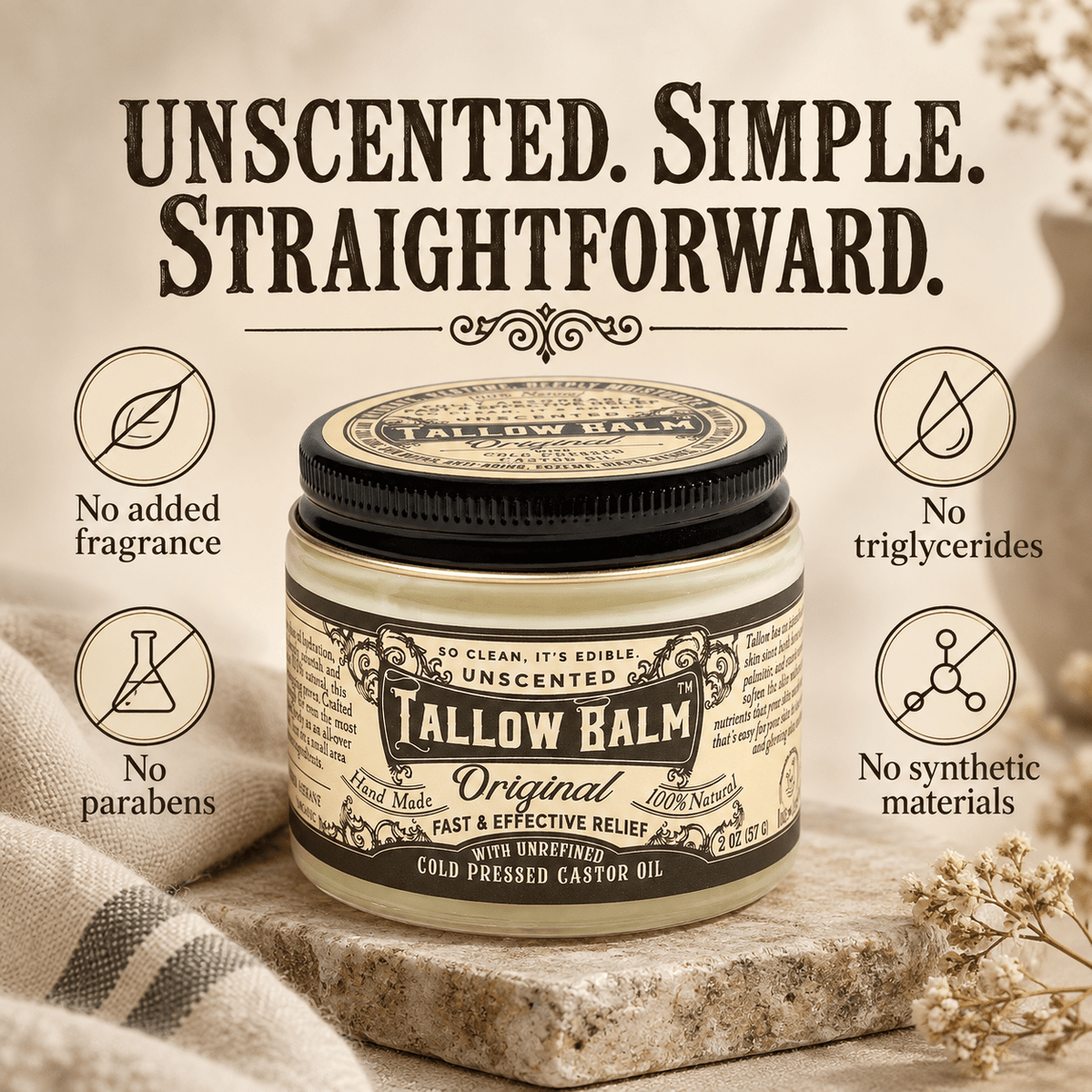Roots and Leaves Unscented Tallow Balm clean formula infographic