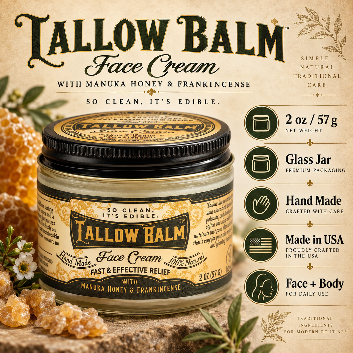Tallow Face Cream 2 oz product details infographic