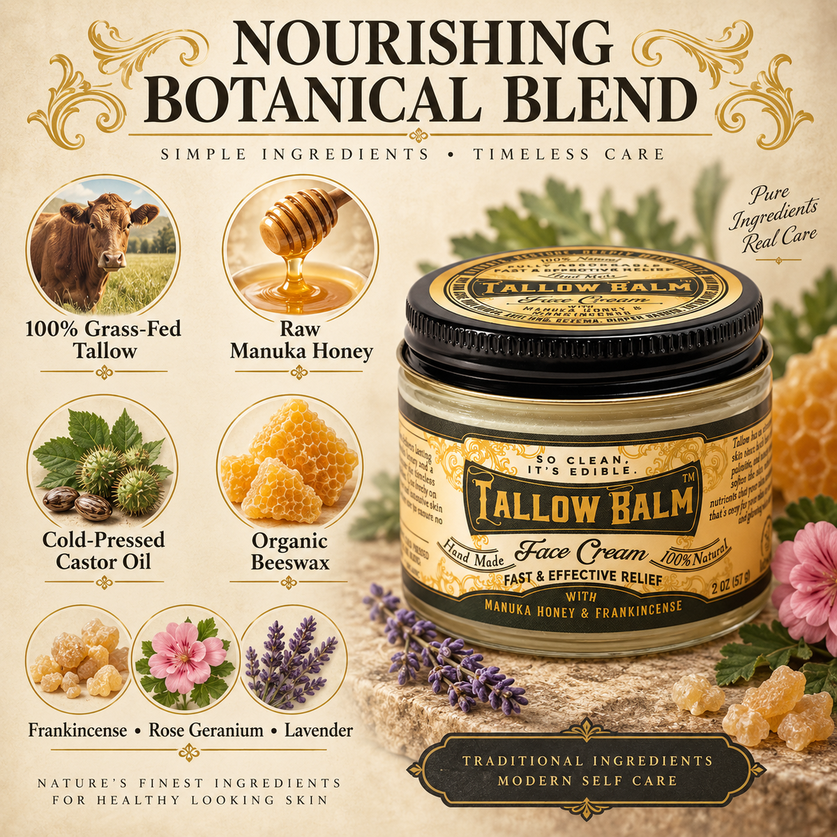 Tallow Face Cream nourishing botanical ingredients infographic