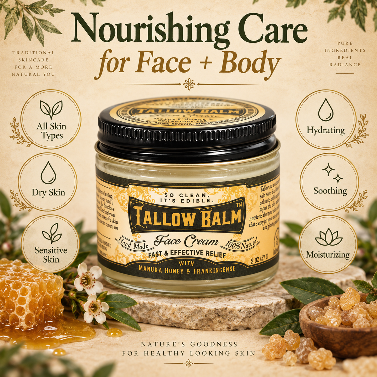 Tallow Face Cream face and body skin types infographic