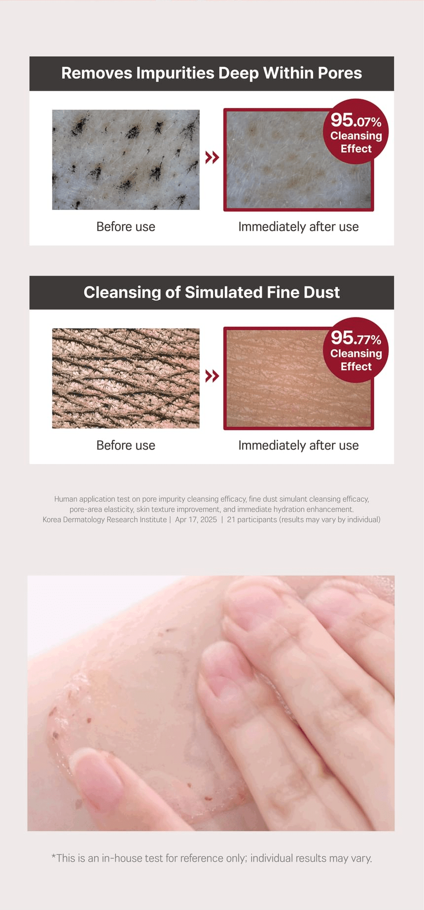 Round Lab Camellia Deep Collagen Jelly Mask Cleanser 150ml - Pore impurity and simulated fine-dust cleansing results.