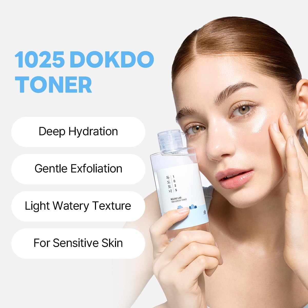 ROUND LAB 1025 Dokdo Toner model and product-benefits graphic
