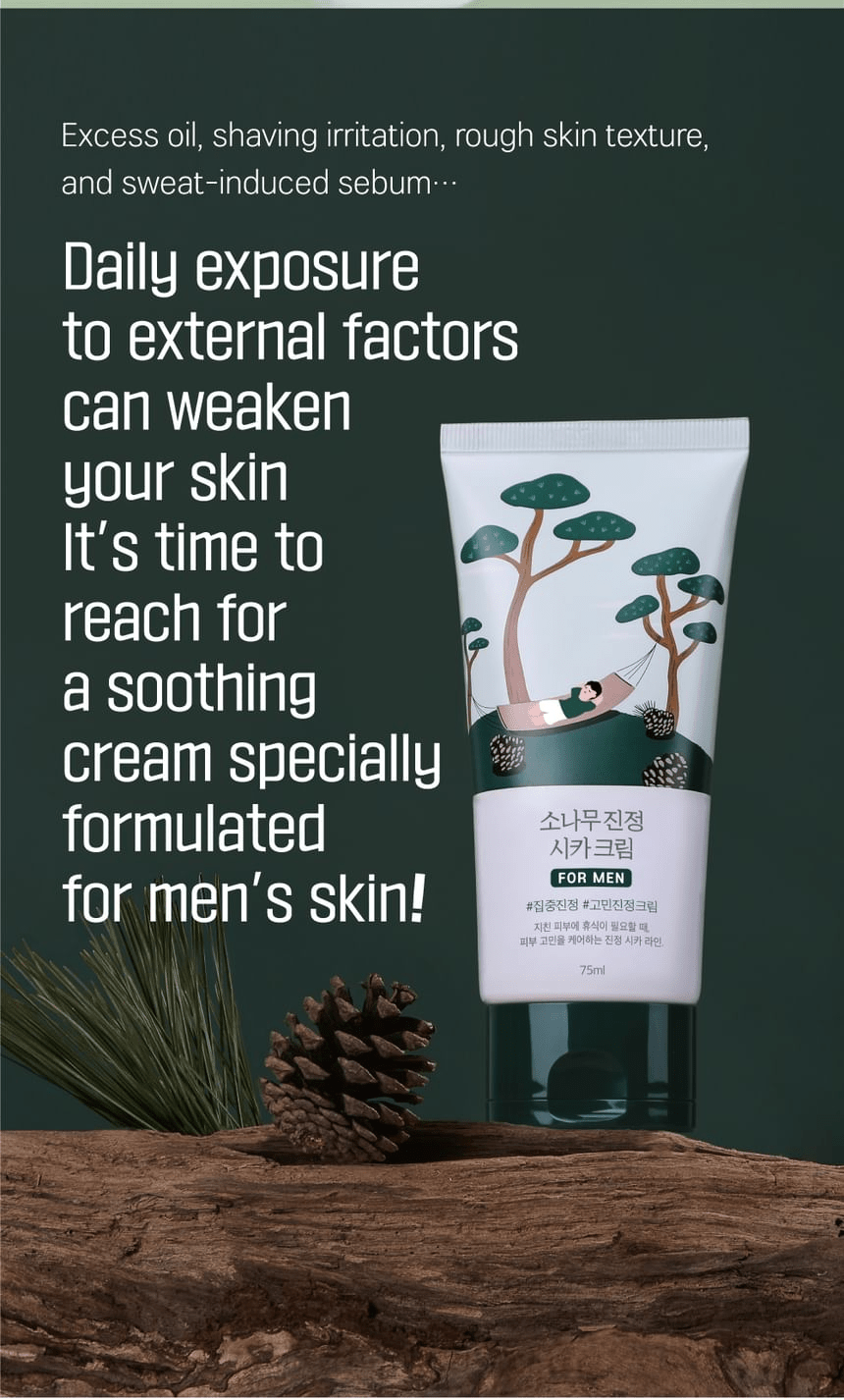 ROUND LAB For Men Pine Calming Cica Cream 75ml: daily skin irritants. Original YesStyle product information panel.