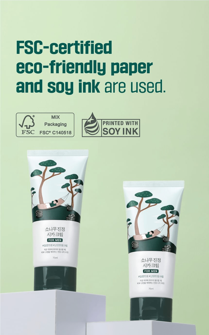 ROUND LAB For Men Pine Calming Cica Cream 75ml: eco packaging. Original YesStyle product information panel.