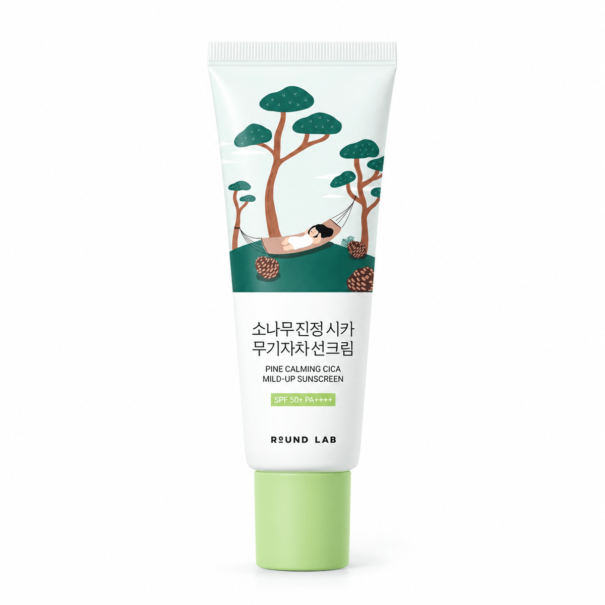 ROUND LAB Pine Calming Cica Mild-Up Sunscreen 40ml, one retail product on a pure white background