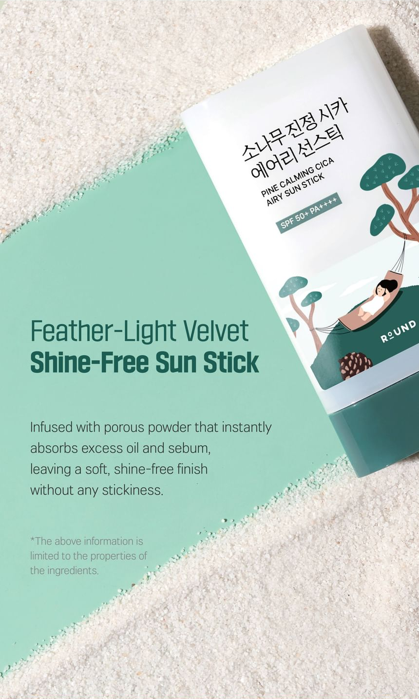 ROUND LAB Pine Calming Cica Airy Sun Stick 19g: shine free powder. Original YesStyle product information panel.