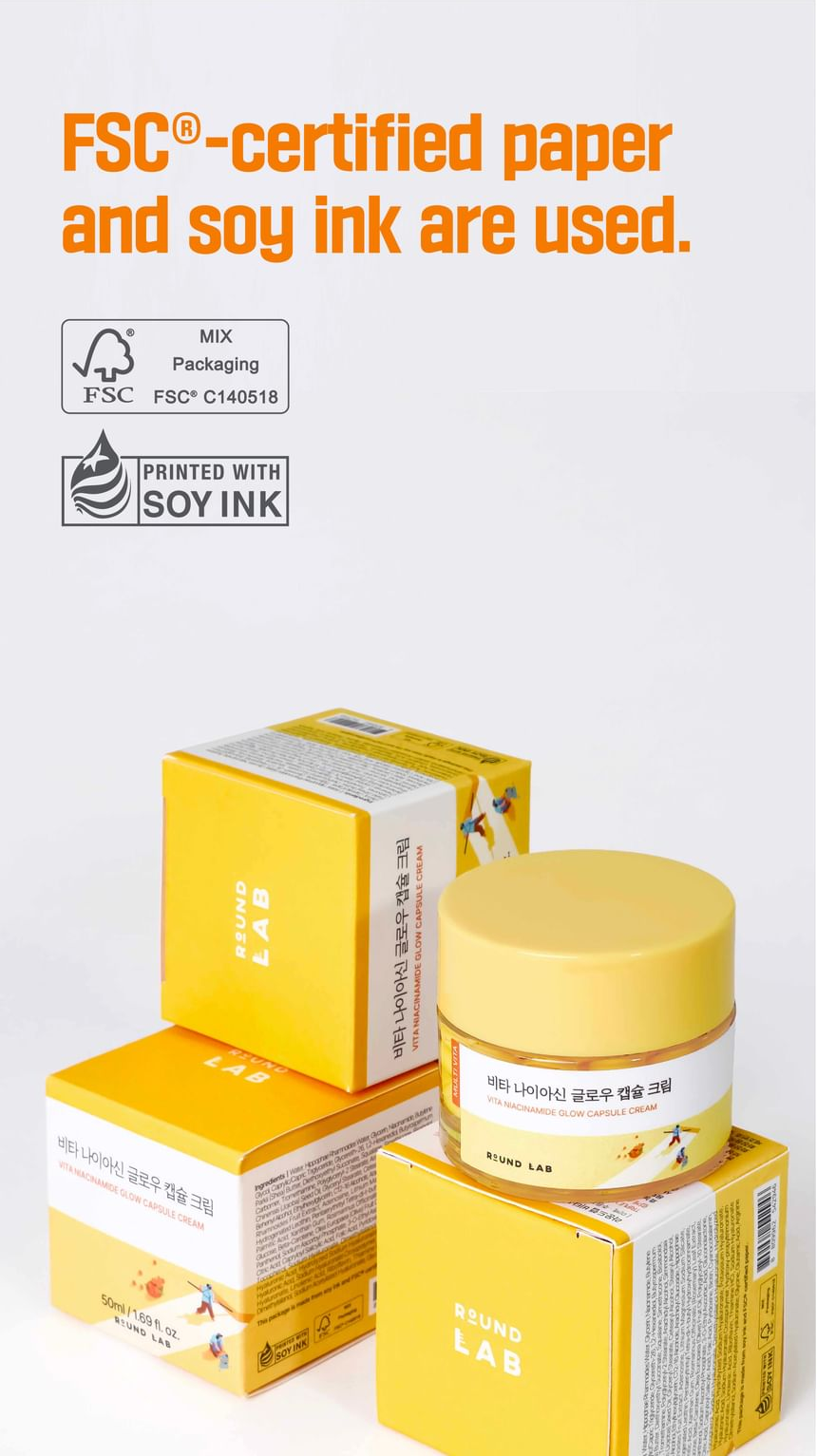 Round Lab Vita Niacinamide Glow Capsule Cream 50ml - FSC-certified paper and soy-ink packaging.