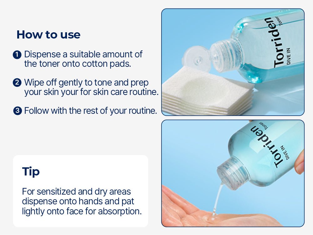 Torriden DIVE-IN Toner application directions with cotton pads and hands