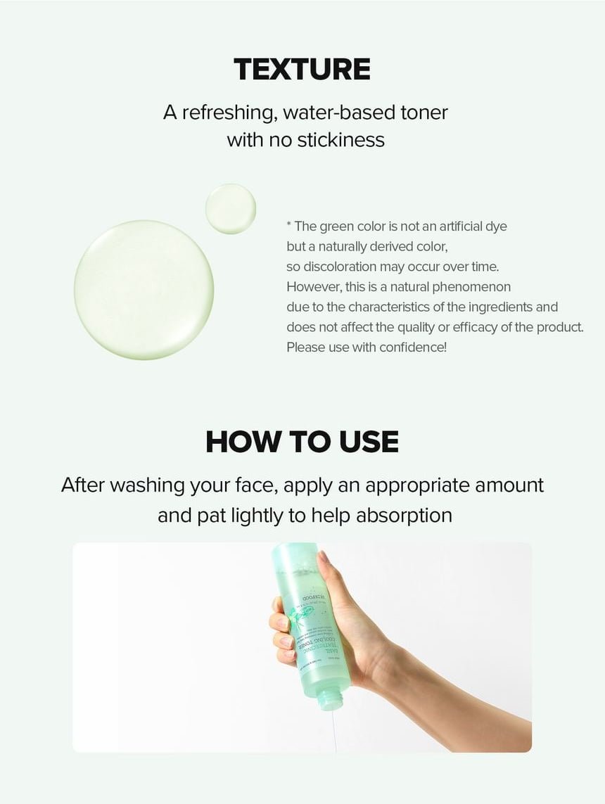 SKINFOOD Basil Teatreecinic Cooling Toner 200mL - texture colour and directions (English)