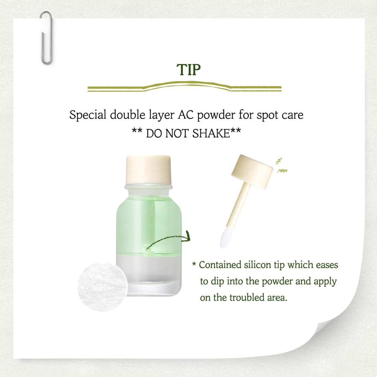 SKINFOOD Water Parsley Smashing Powder English double-layer formula and silicone tip instructions: do not shake
